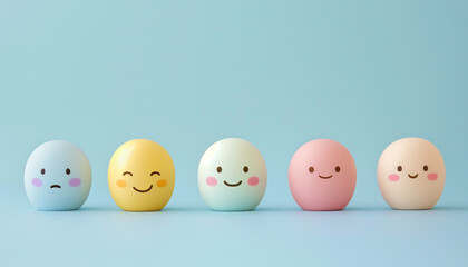 Five pastel-colored emoticon faces with varying expressions, from sad to happy, arranged in a row on a light blue background.