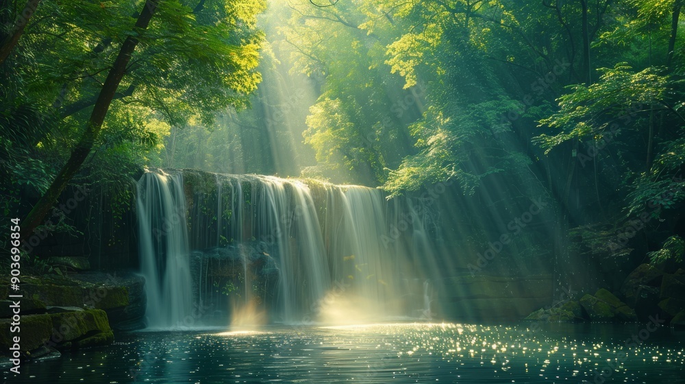 Poster a serene waterfall in a tranquil forest, with sunlight filtering through the trees and illuminating 