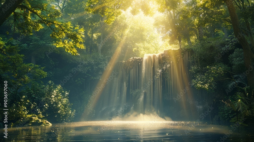 Poster a serene waterfall in a tranquil forest, with sunlight filtering through the trees and illuminating 