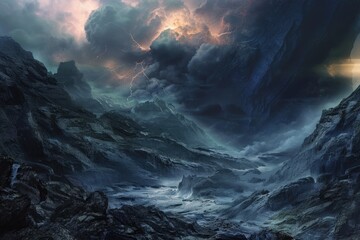 Dark fantasy landscape with lightning storm over snowy mountains