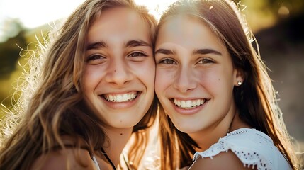 Fototapeta premium Sisters posing together. Two adult siblings smiling at camera