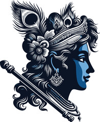 Adobe Illustrator Artwork vector illustration of Lord Krishna's face with bansuri, peacock feather and  traditional features for Janmashtami  © Akshay