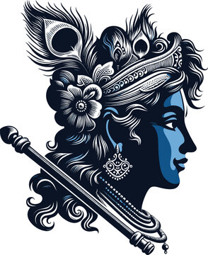Adobe Illustrator Artwork vector illustration of Lord Krishna's face with bansuri, peacock feather and  traditional features for Janmashtami
