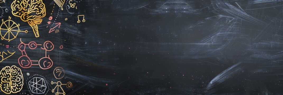 A decorative blackboard exhibits colorful science and technology icons such as gears, molecules, brain, and formulas, ideal for educational, teaching, and scientific presentations - Powered by Adobe
