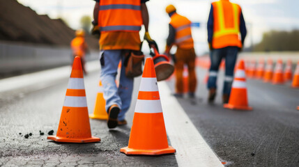 Construction workers placing traffic cones on a highway