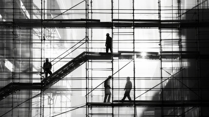 Construction workers on a scaffolding at a building site