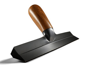 A vintage metal dustpan with a wooden handle isolated on a black background showcasing rustic charm