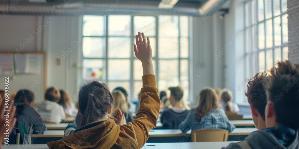 Poster A group of students raising their hands to engage in a discussion during a class. The bright classroom, filled with natural light, promotes an interactive and dynamic learning environment.