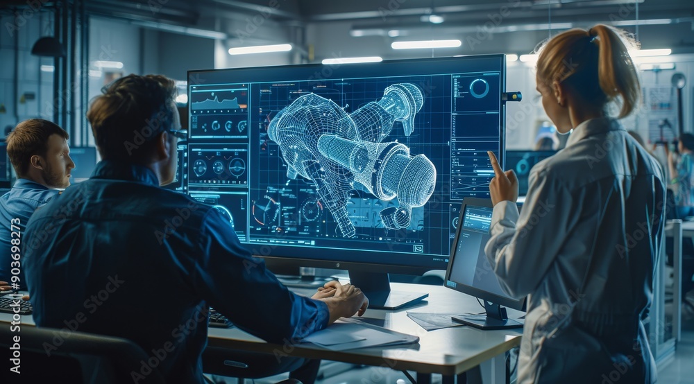Poster team of engineers working on futuristic robotic arm design in high-tech office