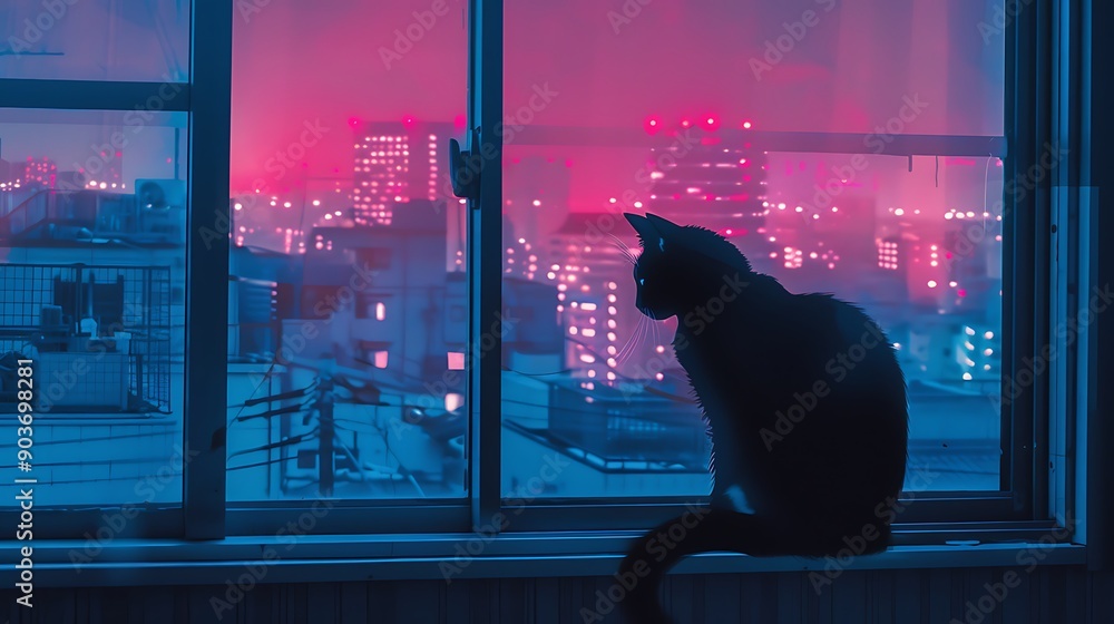 Sticker Black Cat Gazing Out a Window at a Night Cityscape.