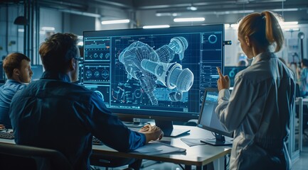 Team of engineers working on futuristic robotic arm design in high-tech office