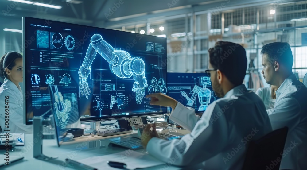 Poster group of engineers collaborating on robotics project in a high-tech office