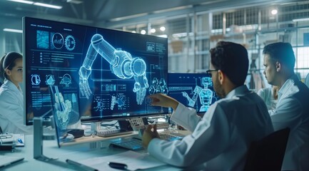 Group of engineers collaborating on robotics project in a high-tech office