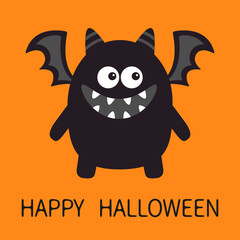 Happy Halloween. Cute monster icon. Smiling face head. Eyes, wings fang tooth, horns. Black silhouette. Cartoon boo spooky kawaii funny baby character. Flat design. Orange background. Vector