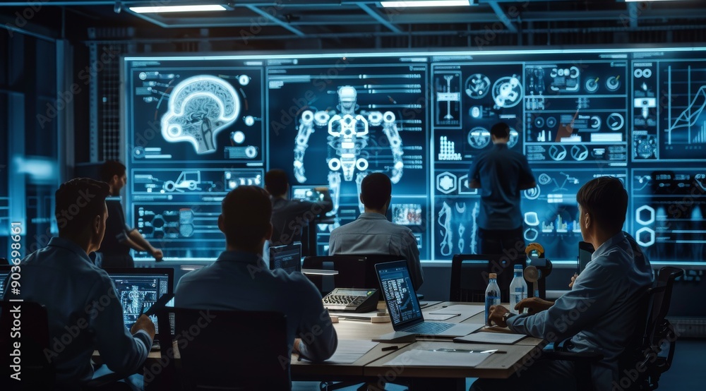 Poster engineers collaborating on robotics project in high-tech office with futuristic interface displays