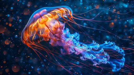 Fototapeta premium Glowing Jellyfish. Vibrant orange jellyfish glowing against a dark blue ocean backdrop, surrounded by tiny illuminated particles.