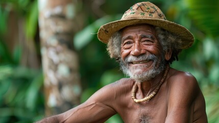 A cheerful elderly man wearing a straw hat and a beaded necklace, smiling warmly in a lush, green outdoor setting.