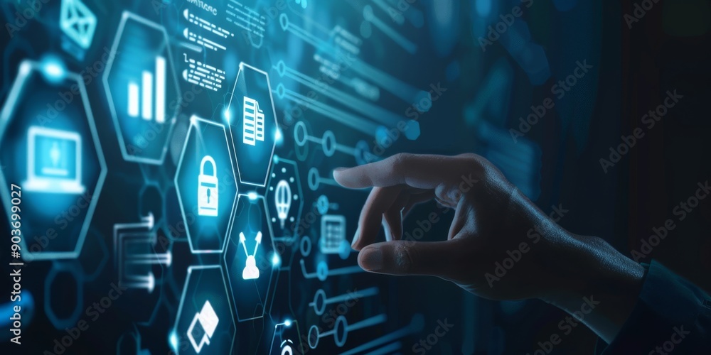 Poster A closeup portrait depicts a hand engaged with a hightech digital interface, showcasing cybersecurity symbols and analytics. This image highlights technology and network security concepts
