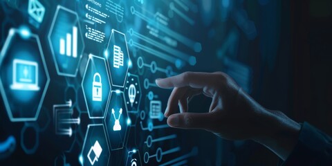 A closeup portrait depicts a hand engaged with a hightech digital interface, showcasing cybersecurity symbols and analytics. This image highlights technology and network security concepts