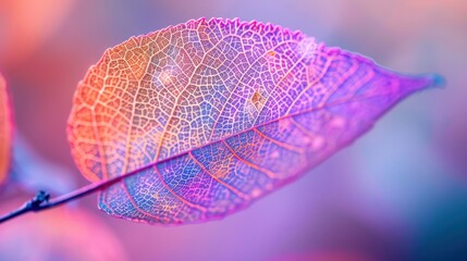 A colorful leaf with intricate vein patterns, captured in vibrant shades of purple, pink, and orange, showcasing nature's beauty.