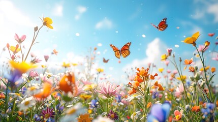 Butterflies Dance Above a Blooming Meadow: A vibrant meadow bursts with colorful wildflowers as monarch butterflies flutter under a bright blue sky, embodying the beauty and joy of nature. 