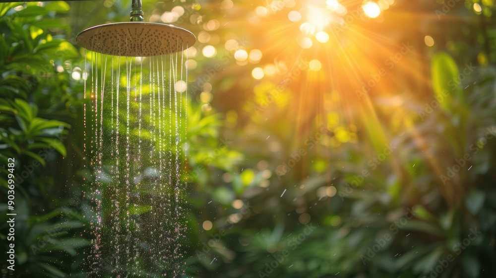 Poster an outdoor shower with water droplets sparkling as sunlight filters through surrounding trees, creat