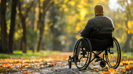Spina Bifida Awareness Month. Disabled person with spina bifida in the park. Man in wheelchair on yellow background. Horizontal banner, free space for text. Neural Tube Defect, birth defect