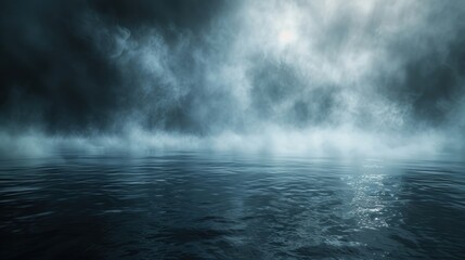 Eerie fog over calm waters at night, creating a mysterious and tranquil atmosphere with soft light reflections.