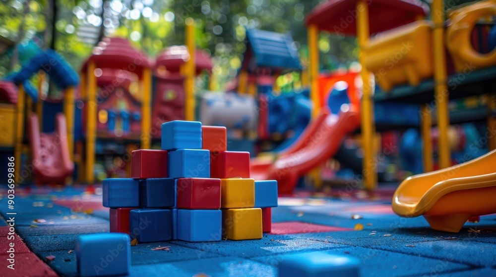 Poster colorful playground with building blocks, capturing a vibrant and playful atmosphere ideal for child