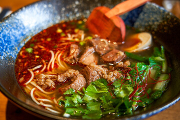 A bowl of authentic and delicious Taiwanese spicy beef noodles