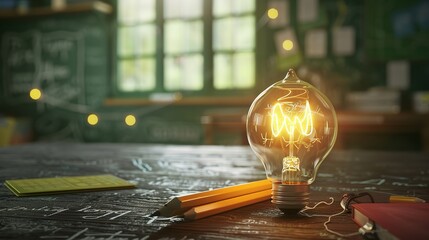 Education and school theme with a light bulb and a pencil