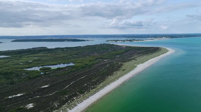 Studland Naturist Beach and Knoll Beach Studland over Studland and Godlingston Heath National Nature Reserve from a drone, Studland, Poole, Dorset, England