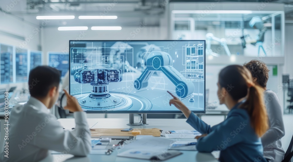 Poster group of engineers collaborating in modern office with computer screens displaying technical designs