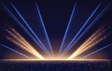 Dark blue stage with golden spotlight lines and glitter texture for award ceremony design. Realistic 3d abstract premium elegant glamour background template for anniversary or winner rewarding.