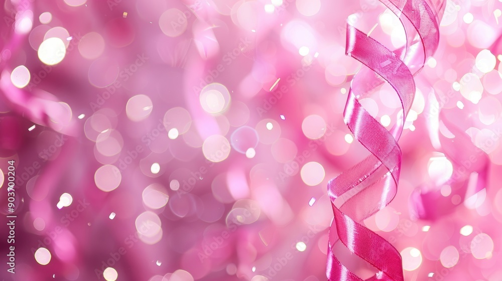 Aufkleber curled pink ribbon with a sparkling bokeh background, creating a festive and magical visual effect.