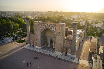 Aerial view of Registan Square during sunset in Samarkand city, Uzbekistan