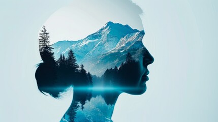 Graphic designer's silhouette, double exposure blending with a postcard of futuristic mountain and forest landscapes, highlighting creativity and nature