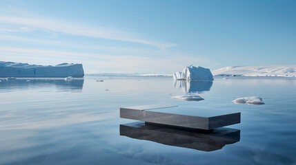 On the water surface, there is an empty product display stand, with icebergs in the distance and floating ice all around.，iceberg in polar regions,ice on the lake