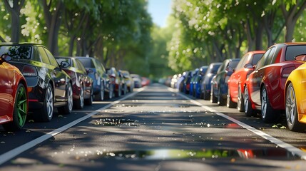 There is a row of cars in the outdoor parking lot. Used car sale and rental market, car parking lot, car dealership, dealer agent, and rebate incentive policie for the purchase of car concept.