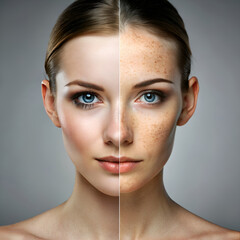 Before and after skin treatment comparison showing clear and blemished skin