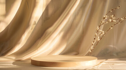 An empty product display stand against a minimalist background with silk.，golden curtain with background