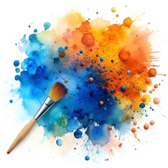 A vibrant explosion of orange and blue powders with a paintbrush, symbolizing creativity and artistry