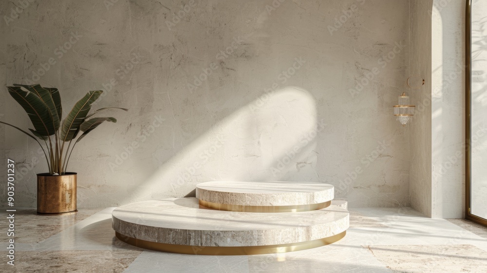 Wall mural A white pedestal with a gold rim sits in front of a wall