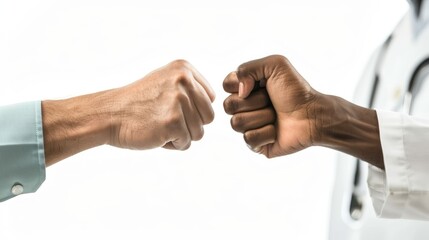 Fototapeta premium Close-up of a doctor and patient fist bumping in a hospital, celebrating recovery milestones isolated white background 