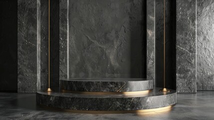 A black marble pedestal with gold accents