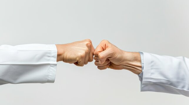 Close-up of a doctor and patient fist bumping in a hospital, celebrating recovery milestones isolated white background 