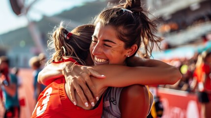 Two sport team players hug and congratulate each other with winning the game