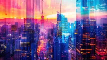Abstract cityscape with vibrant colors at sunset.