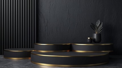 A black and gold display with a plant in a vase