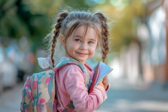 A delightful young girl with pigtails and a floral backpack beams with joy as she holds a book. Captured on a sunny day in an outdoor setting, her bright smile and playful demeanor radiate happiness.